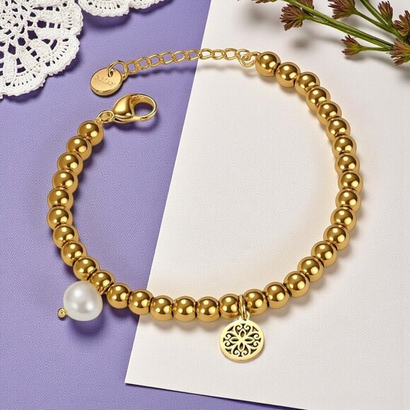 ๐๏ธBoho Chic Mandala Pearl Charm Bracelet 18K Gold Plated 316L Stainless Steel - Picture 10 of 11